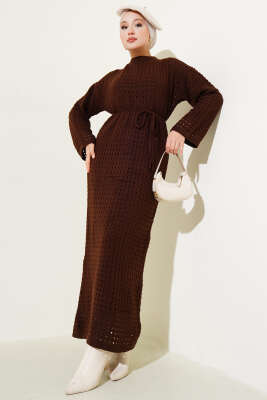 Ajurlu İp Kuşaklı Triko Elbise Kahve