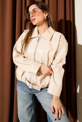 Alt Kemer Tokalı Fermuarlı Deri Ceket Bej - Kadın Giyim Modelleri