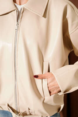 Alt Kemer Tokalı Fermuarlı Deri Ceket Bej - Kadın Giyim Modelleri