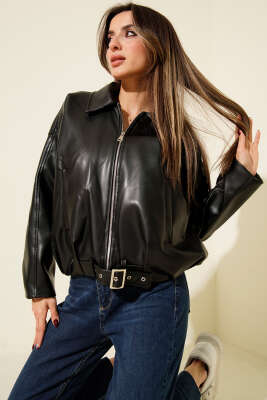 Alt Kemer Tokalı Fermuarlı Deri Ceket Siyah - MODA MERSİ