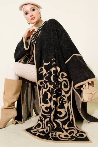 Angora Detaylı Yaka Düğmeli Panço Siyah - Panço