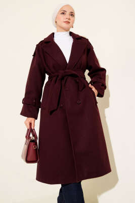 Apoletli Kuşaklı Kaşe Kaban Bordo