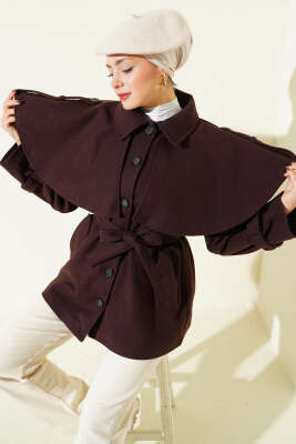 Apoletli Pelerinli Kısa Kaşe Kaban Acı Kahve - DUFON