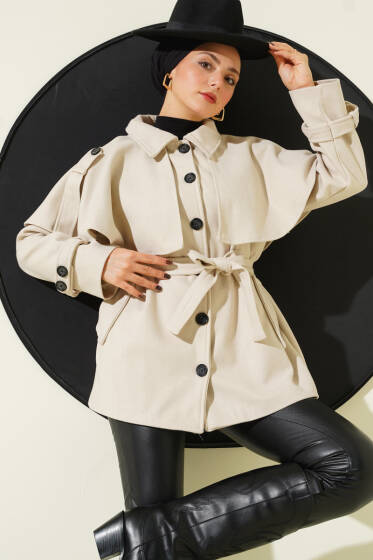 Apoletli Pelerinli Kısa Kaşe Kaban Bej - Kaban