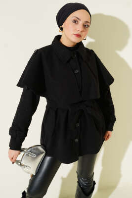 Apoletli Pelerinli Kısa Kaşe Kaban Siyah - DUFON