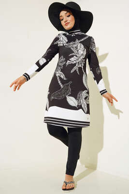 Arma Detaylı Yaprak Desen Tesettür Mayo Siyah - ROZAMAY