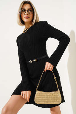 Asimetrik Fitilli Kısa Triko Elbise Siyah 