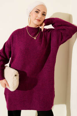 Asimetrik Kabartma Çizgili Triko Tunik Menekşe