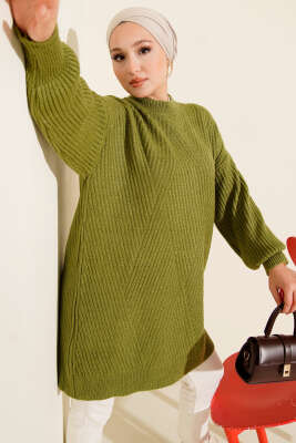 Asimetrik Kabartma Çizgili Triko Tunik Yağ Yeşili