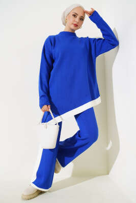 Asimetrik Kesim Şeritli Triko İkili Takım Saks - DİLASU