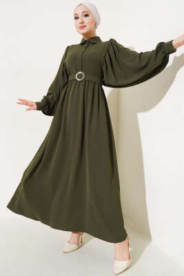 Balon Kol Gömlek Yaka Elbise Koyu Haki 