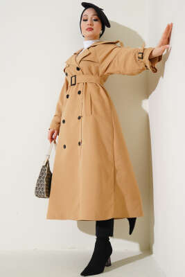 Astarlı Kuşaklı Uzun Trençkot Camel