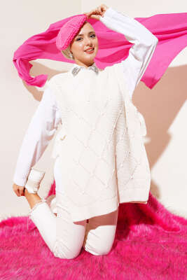 Baklava Desenli Bağlamalı Triko Süveter Bej - Yeni Tesettür Giyim