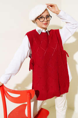 Baklava Desenli Bağlamalı Triko Süveter Kırmızı 