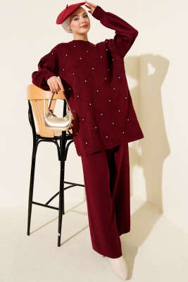 Baklava Kabartma Taşlı Triko İkili Takım Bordo 