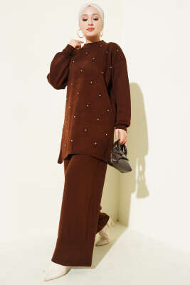 Baklava Kabartma Taşlı Triko İkili Takım Kahve 