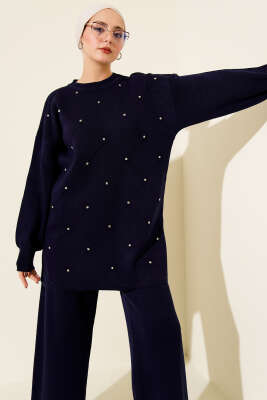 Baklava Kabartma Taşlı Triko İkili Takım Lacivert 