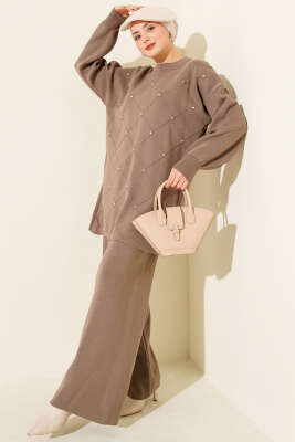 Baklava Kabartma Taşlı Triko İkili Takım Vizon 