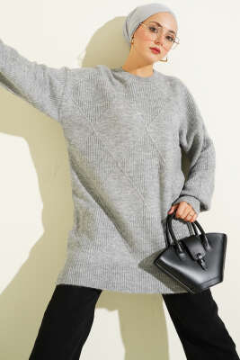 Baklava Kabartmalı Yumoş Triko Tunik Gri - KILIÇ TRİKO