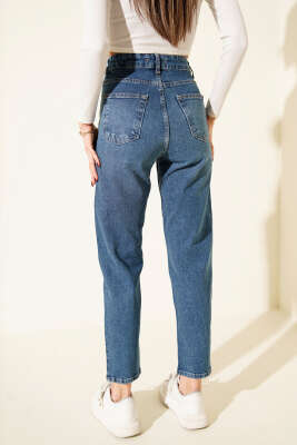 Baklava Taşlı Mom Jeans Pantolon Mavi - Kadın Giyim Modelleri