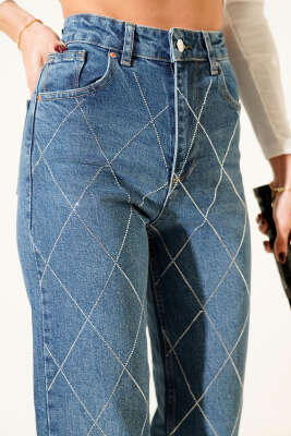 Baklava Taşlı Mom Jeans Pantolon Mavi - Kadın Giyim Modelleri