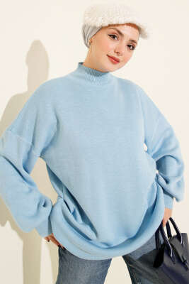 Balıkçı Yaka Balon Kol Triko Tunik Mavi