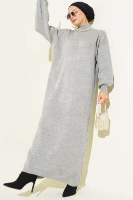 Balıkçı Yaka Düz Triko Elbise Gri