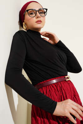 Balıkçı Yaka Yan Büzgülü Sandy Bluz Siyah