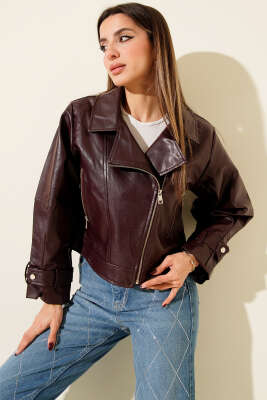 Balon Kol Çapraz Fermuar Kısa Deri Ceket Mürdüm - GÜZEL ÇANTA