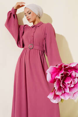 Balon Kol Gömlek Yaka Elbise Gül Kurusu 