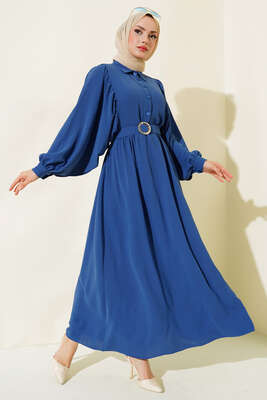 Balon Kol Gömlek Yaka Elbise İndigo 