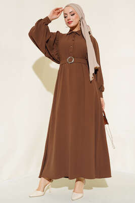 Balon Kol Gömlek Yaka Elbise Taba 