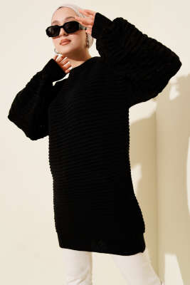 Balon Kol Kabartmalı Triko Tunik Siyah