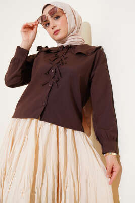 Bebe Yaka Kurdele Detaylı Gömlek Acı Kahve