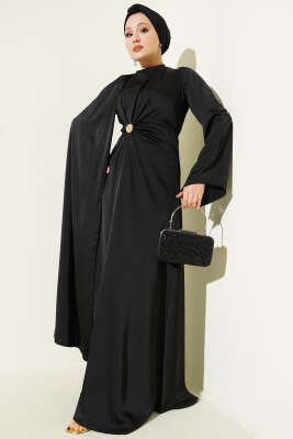 Bel Büzgü Detaylı Saten Abiye Elbise Siyah - CNR TEKSTİL