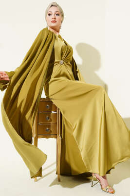 Bel Büzgü Detaylı Saten Abiye Elbise Yağ Yeşili - CNR TEKSTİL