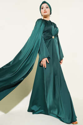 Bel Büzgü Detaylı Saten Abiye Elbise Zümrüt Yeşili - CNR TEKSTİL