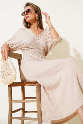 Bel Gipeli Yarım Kol Kırınkıl Midi Elbise Bej 