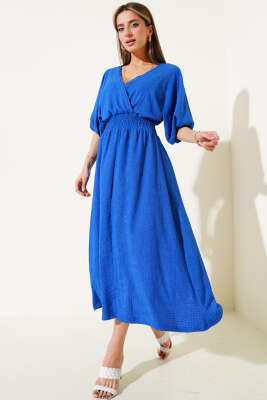 Bel Gipeli Yarım Kol Kırınkıl Midi Elbise Saks - Kadın Giyim Modelleri