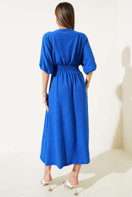 Bel Gipeli Yarım Kol Kırınkıl Midi Elbise Saks - Kadın Giyim Modelleri