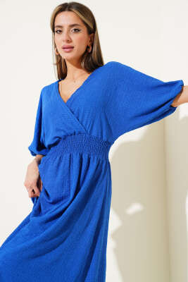 Bel Gipeli Yarım Kol Kırınkıl Midi Elbise Saks - Kadın Giyim Modelleri