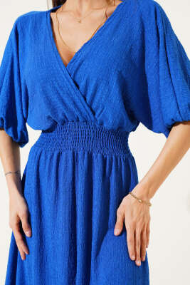 Bel Gipeli Yarım Kol Kırınkıl Midi Elbise Saks - Kadın Giyim Modelleri