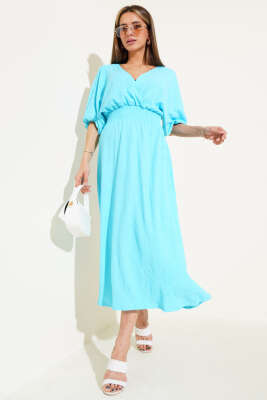 Bel Gipeli Yarım Kol Kırınkıl Midi Elbise Turkuaz 