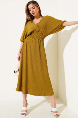 Bel Gipeli Yarım Kol Kırınkıl Midi Elbise Yağ Yeşili 