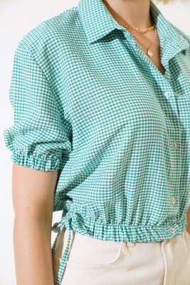 Bel Lastikli Ekoseli Crop Yeşil - Yeni Giyim