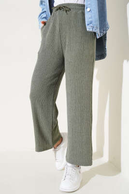 Bel Lastikli Geniş Paça Bürümcük Pantolon Çağla Yeşili 