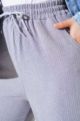 Bel Lastikli Geniş Paça Bürümcük Pantolon Gri - Pantolon