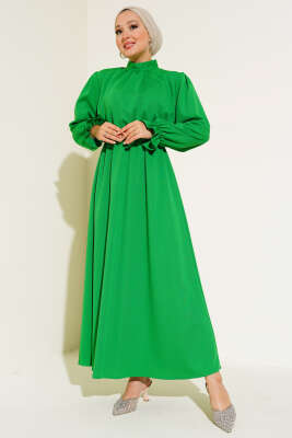 Bel Lastikli Kloş Elbise Yeşil