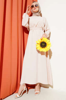 Bel Lastikli Kuşaklı Ayrobin Elbise Bej 