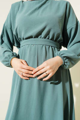 Bel Lastikli Kuşaklı Ayrobin Elbise Çağla Yeşili - Elbise